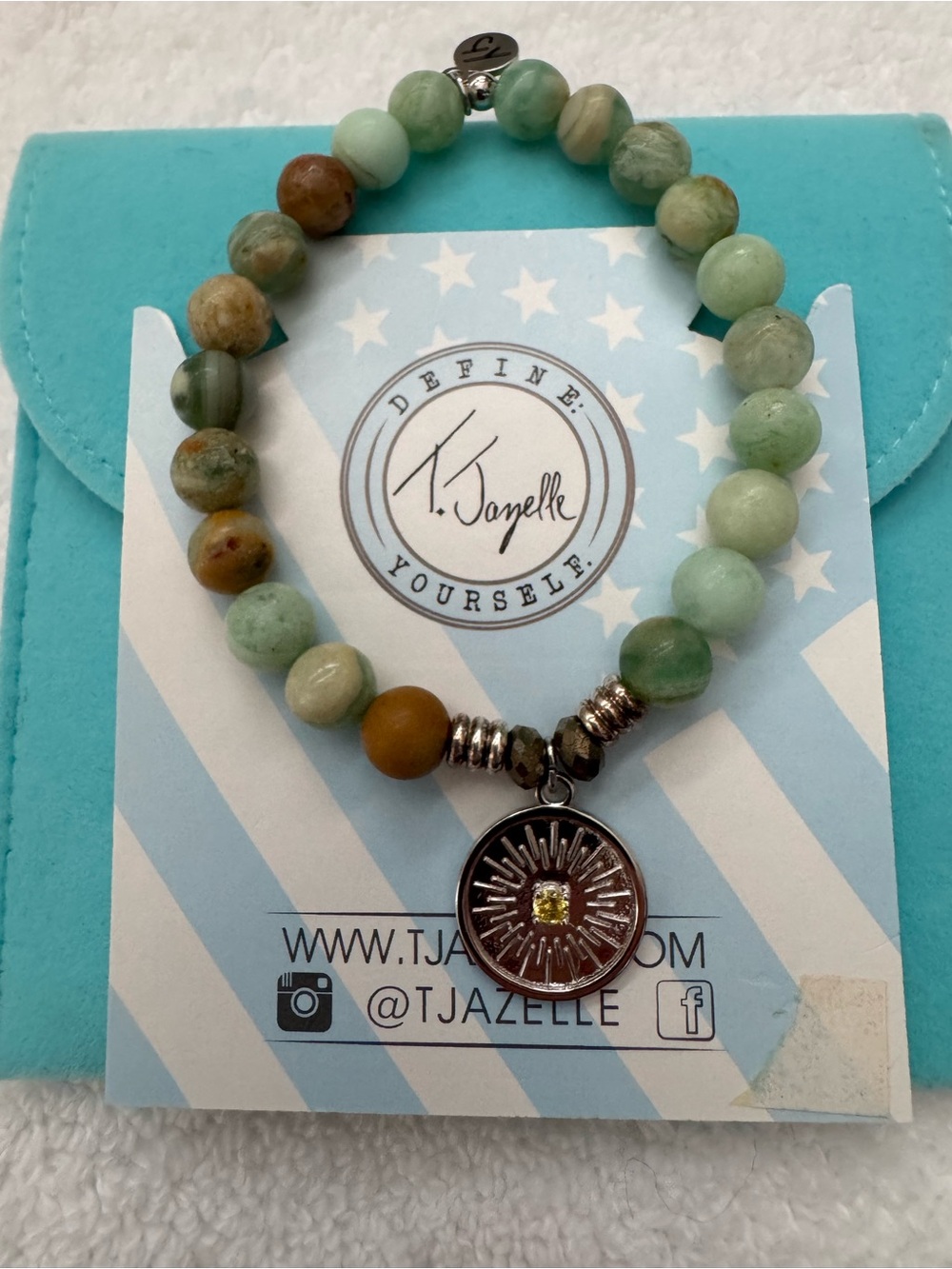 T. Jazelle Green and Brown Beaded Stretch Bracelet with Sunburst Charm